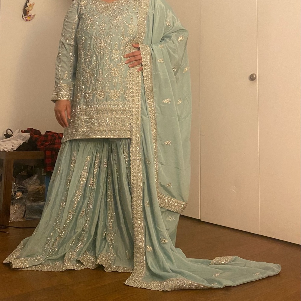 Elegant Embroidered Light Blue Traditional Outfit Women Shrara Salwar Suit